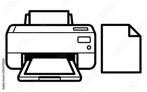 Vector outline icon of a contemporary office printer, depicting paper output for document reproduction. Symbolizing printing, technology, and efficient information process