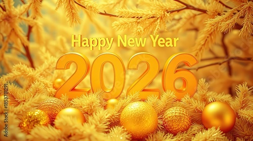Golden Happy New Year 2026 celebration with ornaments and pine branches