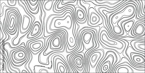 Abstract black and white topographic contour lines forming an organic, flowing, and irregular pattern across a white background, creating a sense of depth and movement