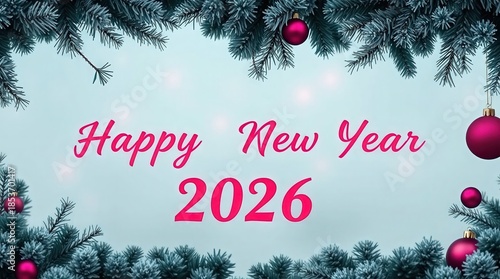 Happy New Year 2026 celebration with festive Christmas tree decorations