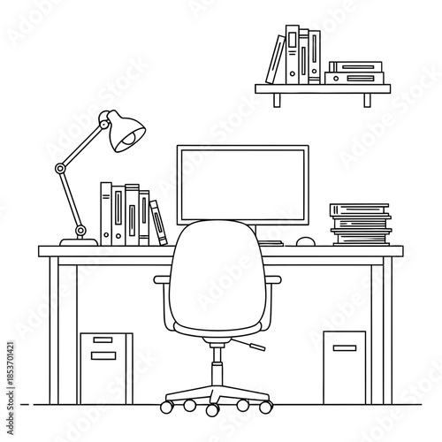 A sleek and tidy home office workspace depicted in minimalist line art, featuring a computer, ergonomic chair, desk lamp, and organized books, ideal for focused remote work