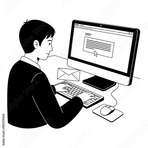 Man sitting at a desk and typing on a computer keyboard, looking at the screen with an email displayed, working on a project or communicating online