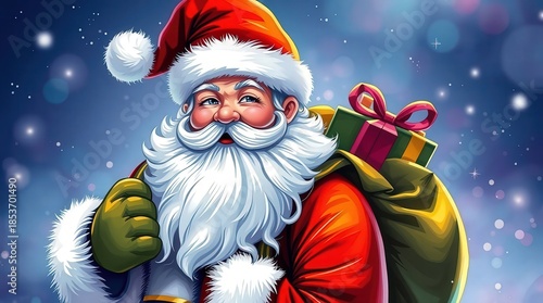 Jolly Santa Claus carrying gifts on a snowy night