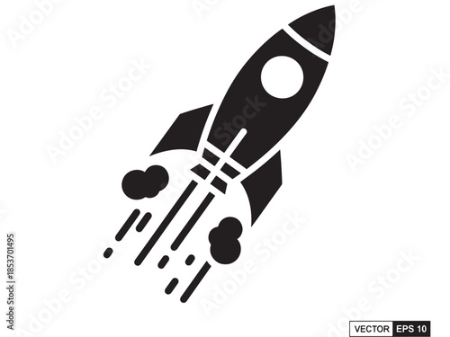 a sleek black rocket icon is launching with fiery exhaust plumes signifying speed innovation and the exploration of space