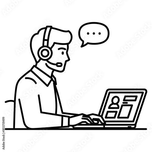 Professional support agent communicating with client via online call on laptop, providing assistance and customer service through headset and microphone, clear communication icon