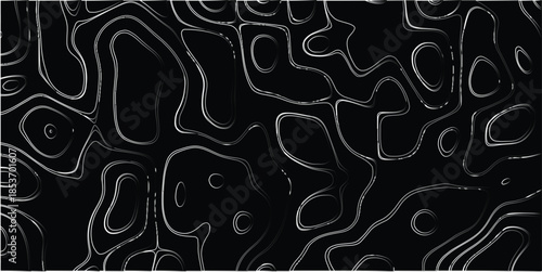 Black and white abstract topographic contour lines with textured white and gray outlines on a dark background, creating a dynamic and intricate visual pattern for graphic design and digital art