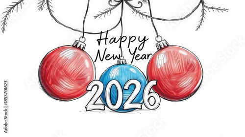 Happy New Year 2026 festive illustration with colorful ornaments