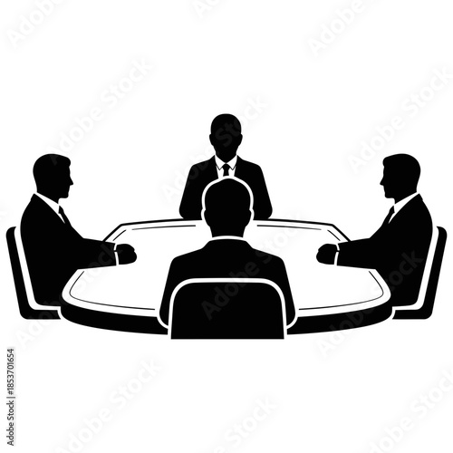 Business Meeting Illustration - Silhouettes of People in a Boardroom Around a Round Table, Symbolizing Collaboration and Decision-Making in Corporate Environments