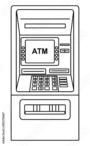Automated Teller Machine icon, illustrating financial services and cash withdrawal functions with digital interface and keypad for banking operations on a white background, clean design