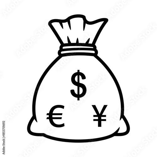 Money bag icon representing financial assets, wealth, and currency exchange, with symbols for dollar, euro, and yen, signifying global economics