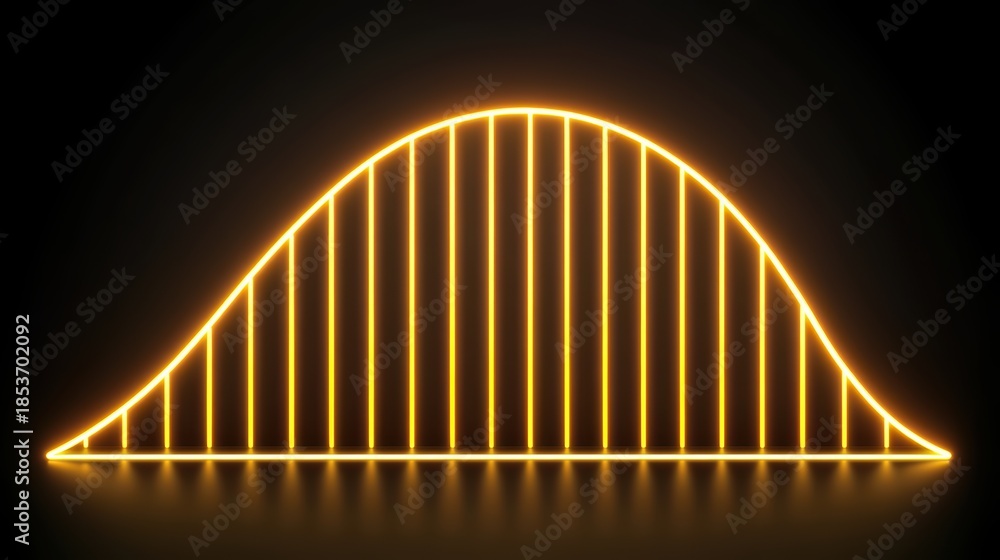 Fototapeta premium Golden neon bell curve normal distribution Bright golden neon bell curve with vertical markers on a dark background, illustrating normal distribution, probability theory, and modern data visualization