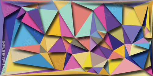 Vibrant geometric abstract background with a kaleidoscope of colorful triangles in shades of blue, pink, yellow, and purple, casting subtle shadows to create a dynamic 3D effect, ideal for modern