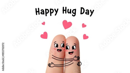 Cute Finger Art Illustration Featuring Two Characters Hugging with Pink Hearts for National Hug Day