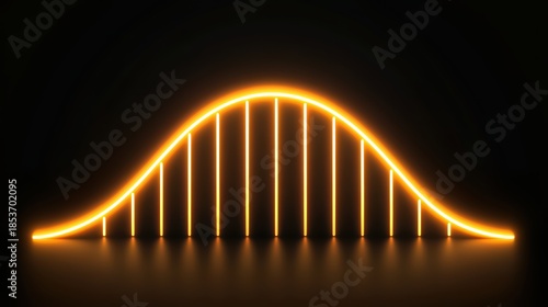 Golden neon normal distribution bell curve Glowing golden neon bell curve on a dark background visualizing normal distribution, probability, and statistical data with a sleek futuristic style
