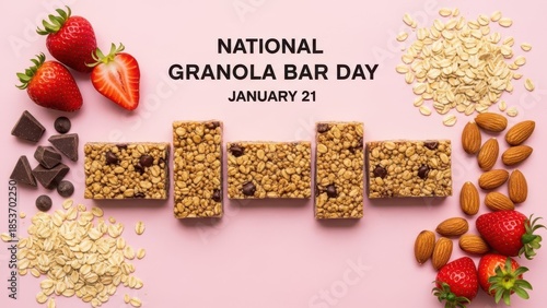 Top View Flat Lay of Healthy Granola Bars Surrounded by Fresh Strawberries Almonds and Oats