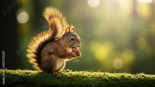 Adorable Red Squirrel Sitting on a Mossy Branch Holding a Nut in a Sunlit Forest Background