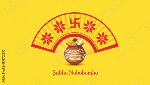 Traditional Bengali New Year Greeting Card Featuring a Decorative Hand Fan and Sweets in a Clay Pot