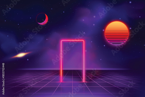 Light neon door glowing on fantastic space alien universe, vector led portal laser gate on square grid skyline metaverse