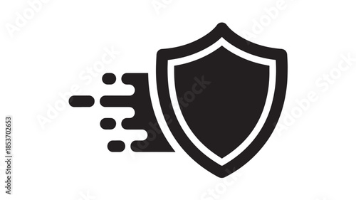 A minimalist depiction of a black shield with a dynamic fragmented streak emanating from its left side suggesting protection