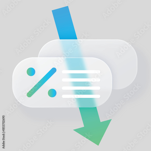 Percent chart graph glassmorphism effect, vector transparent blur button with percentage sign on green blue down arrow
