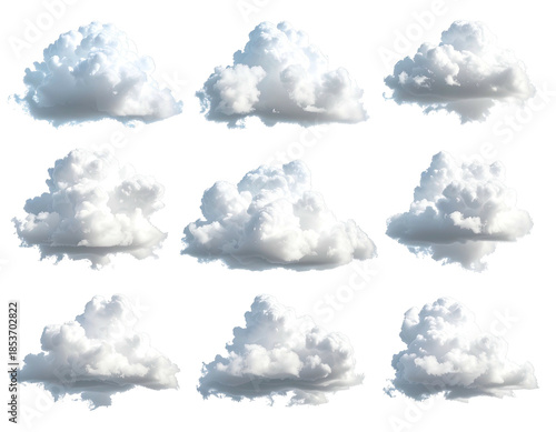 Nine puffy, white clouds, isolated on a stark black background