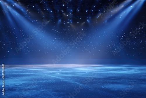 Blue stage with spotlight beams and shimmering particles, stage floor