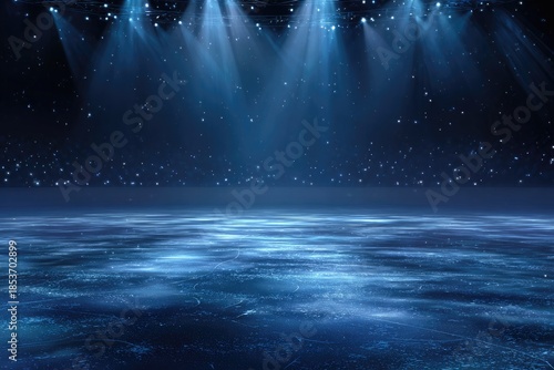 Illuminated stage with sparkling icy floor and atmospheric spotlights