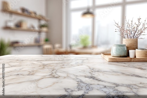 Elegant marble countertop with blurred cozy dining area in background