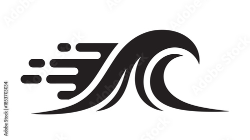 A striking black and white graphic depicts a stylized wave intertwining with a dynamic abstract bird like form