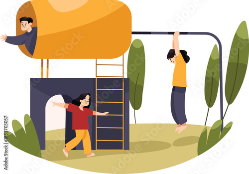 Playground Kindergarten Kids Boy and Girls Playing Monkey Bar Illustration