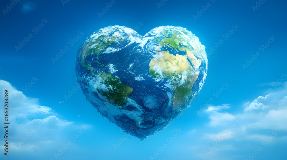 Naklejka premium Earth in the shape of a heart floating in a clear blue sky with clouds around it at midday