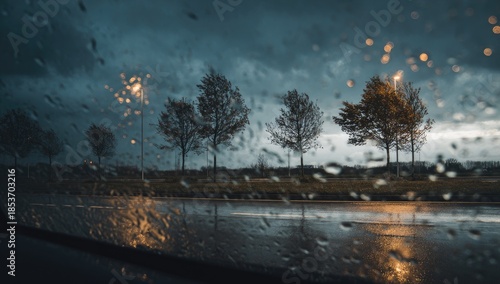 Rain streaks on window reveal moody, illuminated trees at dusk