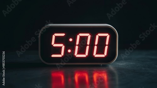 Digital clock displaying 5:00 AM, perfect for time management and morning routines