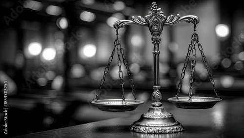 Ornate silver scales of justice balanced on a dark surface