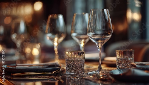 Elegant table setting with gleaming glassware and dim ambient lighting