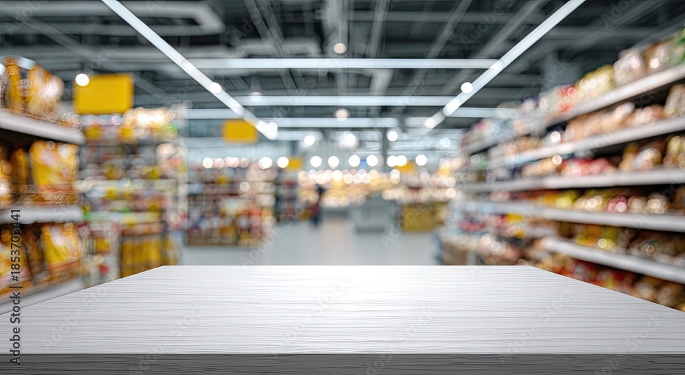 Fototapeta premium A well-lit store aisle with shelves full of products, leading to a blurry background