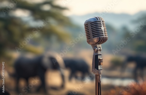 Vintage microphone in foreground, elephants in blurred savanna background