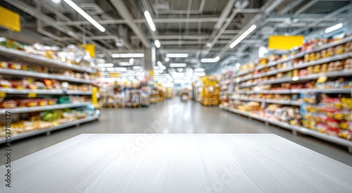 Empty aisle in a brightly lit supermarket with shelves stocked with products