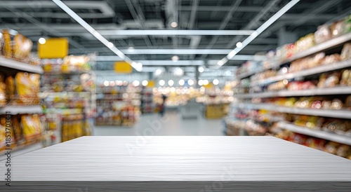 A well-lit store aisle with shelves full of products, leading to a blurry background