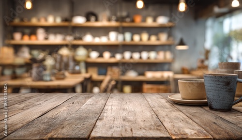 Rustic wooden tabletop in front of a blurred pottery shop with shelves of ceramics