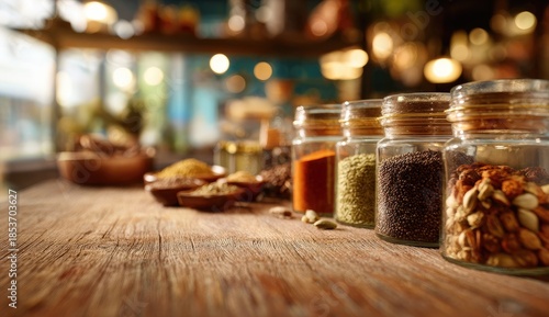 Assortment of vibrant spices in glass jars, arranged on a rustic wooden surface