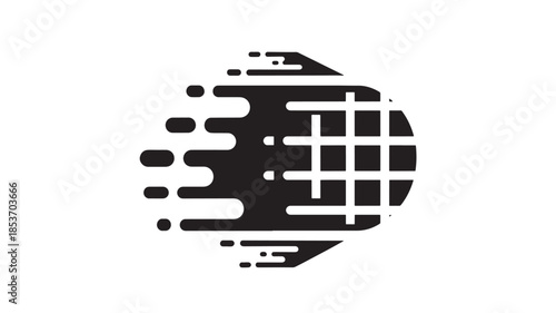 a striking black and white graphic depicts a dynamic arrow shape with a digital distortion effect conveying speed