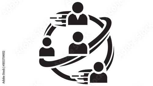 A stylized black and white icon depicts people connected within a circular network suggesting global communication and teamwork