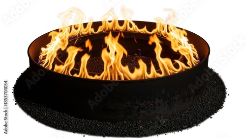 Captivating flames dancing within a circular fire pit surrounded by dark pebbles isolated on white