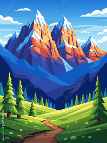 Vibrant Mountain Landscape with Winding Path and Evergreen Trees Under a Clear Blue Sky