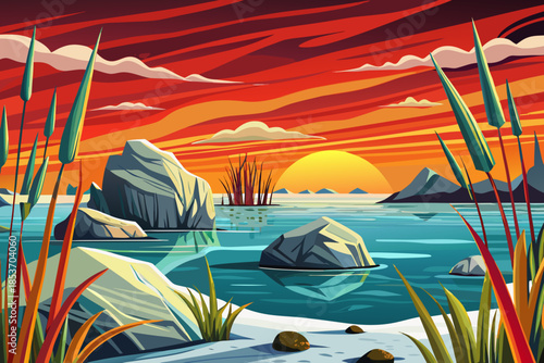 coastal delta landscape filled with reeds and marsh plants meets calm sea water, forming a layered environment of land, plants, and ocean