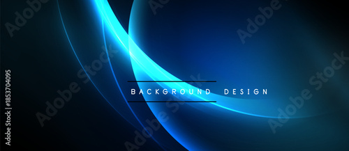 Abstract blue lines create dynamic flow. Dark background emphasizes bright curves, modern design element. Simple text overlay present.