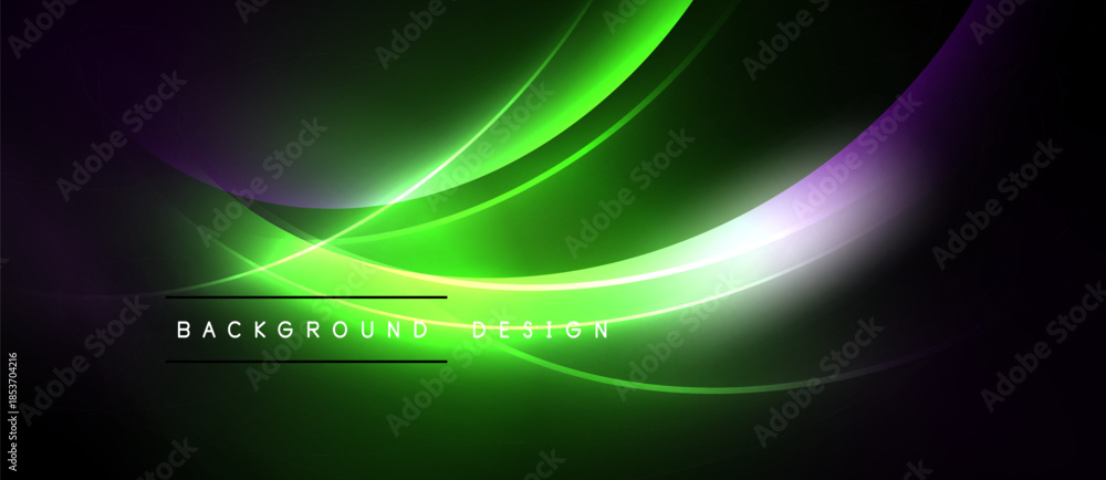 Naklejka premium Abstract waves, vibrant green hues dominate. Purple accents blend with glowing lines. Text reads background design. Modern, dynamic visual.