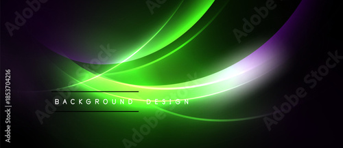 Abstract waves, vibrant green hues dominate. Purple accents blend with glowing lines. Text reads background design. Modern, dynamic visual.