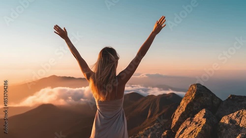 Empowering woman celebrating freedom and nature at sunset on mountain peak